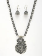 NVR Women's Silver-Toned Peacock Design Oxidized Necklace with Jhumka Earrings