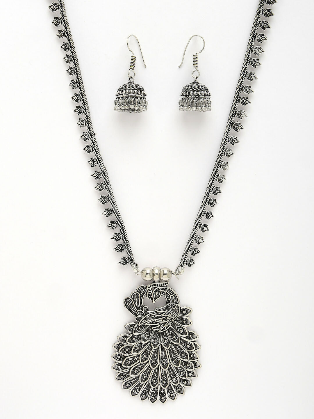 NVR Women's Silver-Toned Peacock Design Oxidized Necklace with Jhumka Earrings