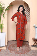 Miravan Womens Rust Animal Printed Three Quarter Sleeves Pure Cotton Kurta With Palazzo - Distacart