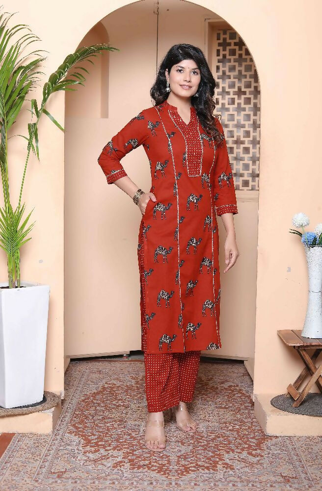 Miravan Womens Rust Animal Printed Three Quarter Sleeves Pure Cotton Kurta With Palazzo - Distacart
