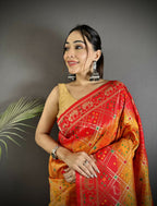 Joban Fashion Yellow And Red Geometric Pattern Soft Silk Patola Saree - Distacart