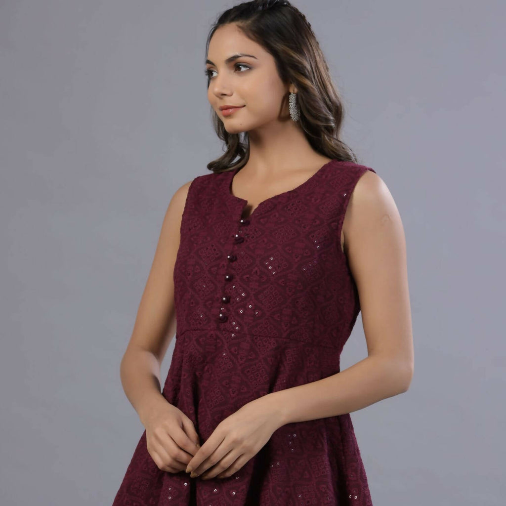 Juniper Women Wine Georgette Embroidered Peplum Tunic