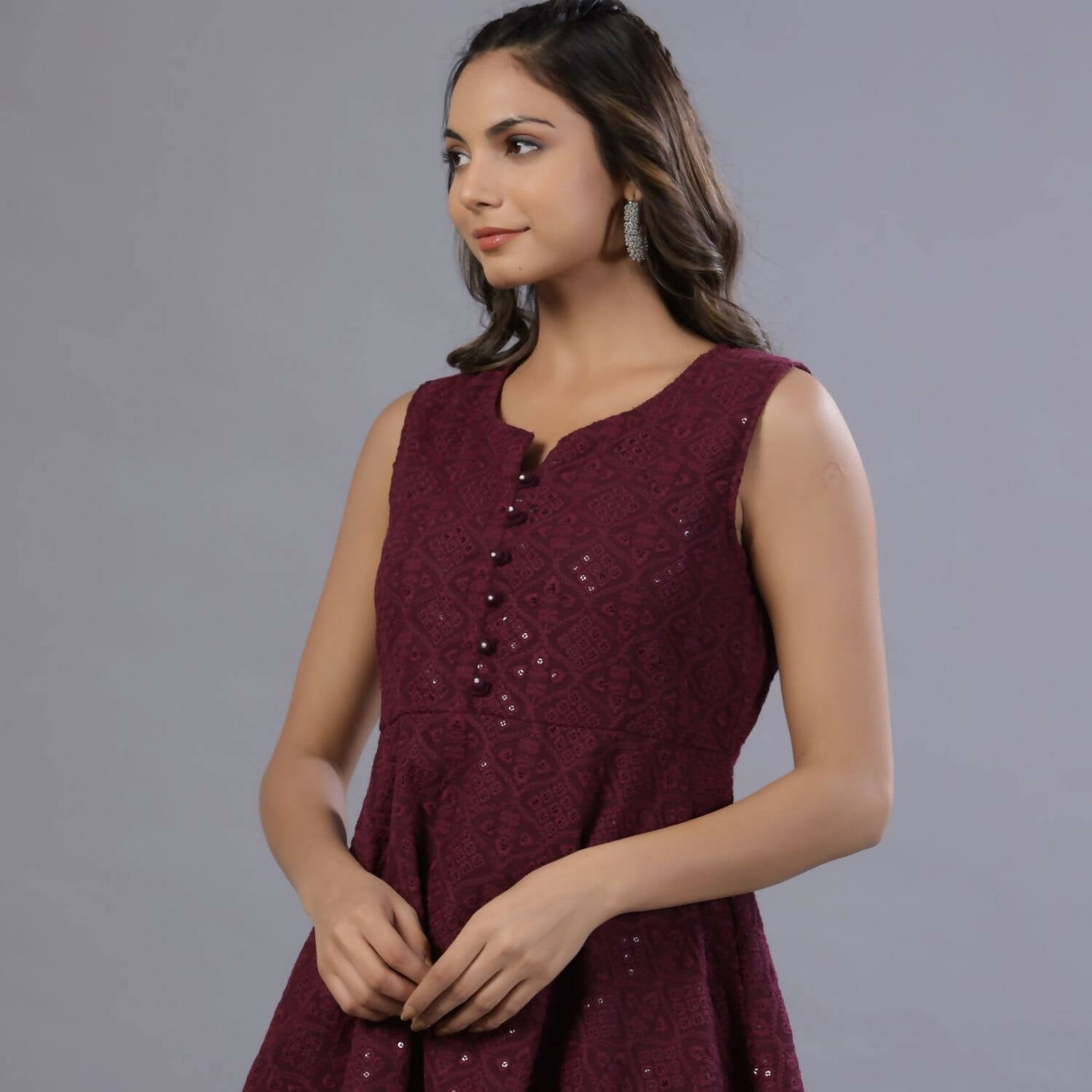 Juniper Women Wine Georgette Embroidered Peplum Tunic