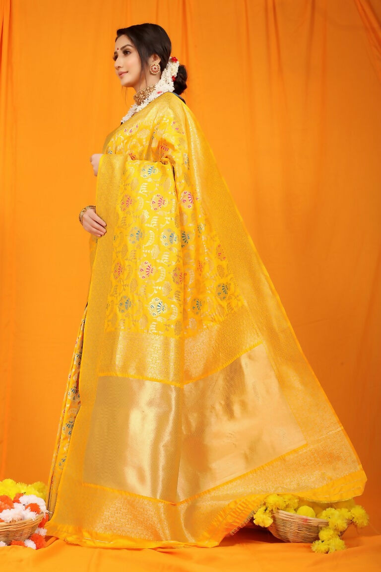 Jyoti Fashion Women's Yellow Kanjivaram Silk Zari Woven Saree with Blouse - Distacart