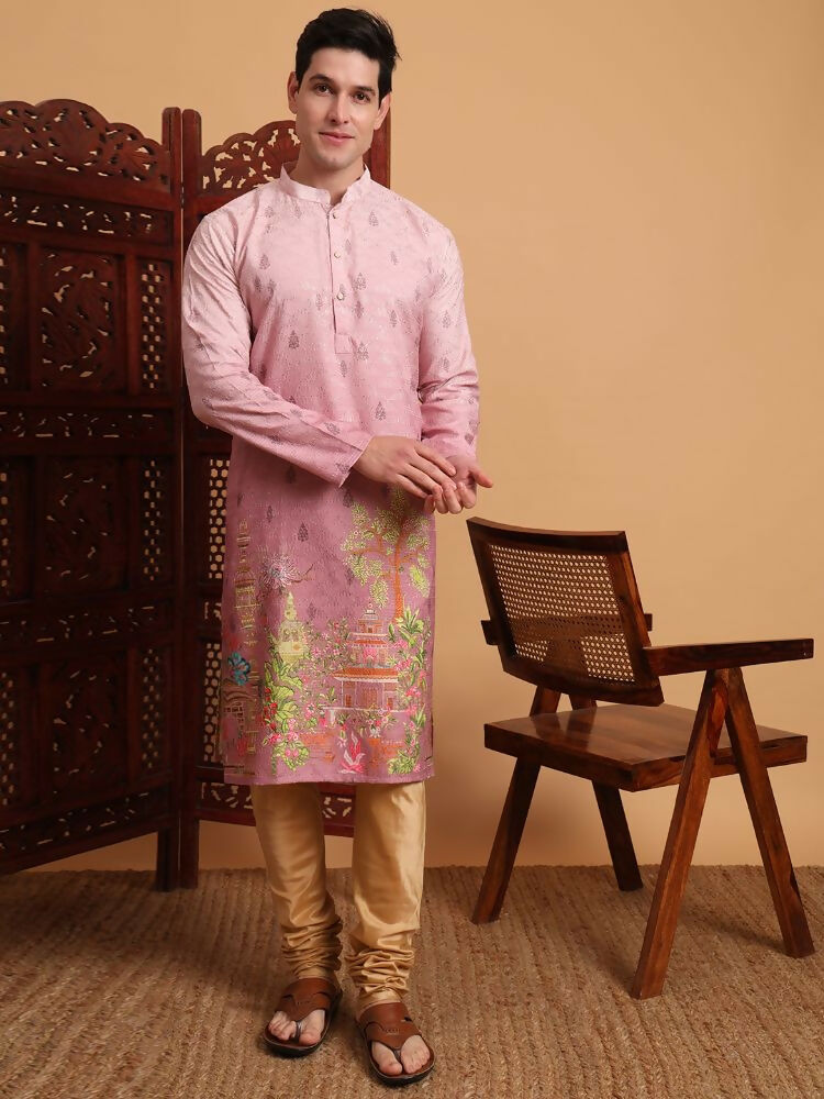 Pink Cotton Printed Chikankari Embroidery Work Kurta - Mahotsav