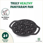 The Indus Valley 12 Pit/Cup CASTrong Cast Iron Kuzhi Paniyaram/Paddu Pan/Appe Maker, Pre-seasoned, 100% Pure, Toxin-free, Spatula, 21 cm, 2.2 kg