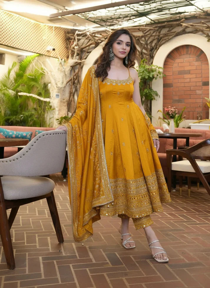 Yash Enterprise Yellow Vichitra Silk Party Wear Embroidery Suit Set - Distacart