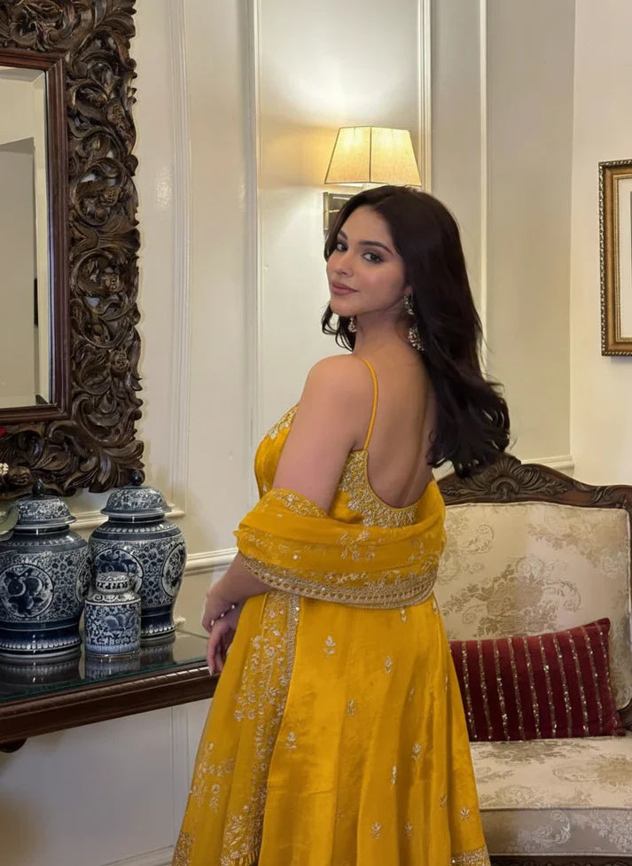 Yash Enterprise Yellow Vichitra Silk Party Wear Embroidery Suit Set - Distacart