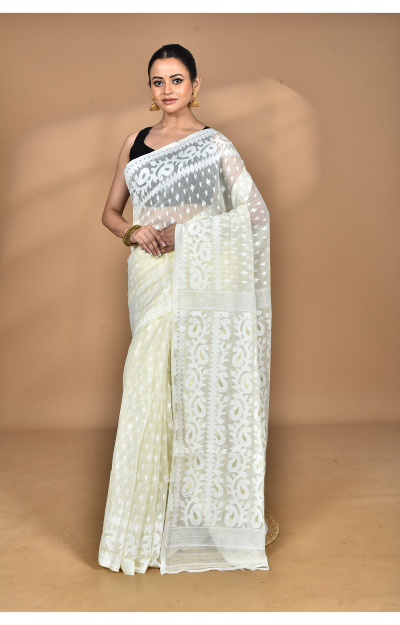 Morchari Pure Cotton Dhakai Jamdani Handloom Saree-Cream