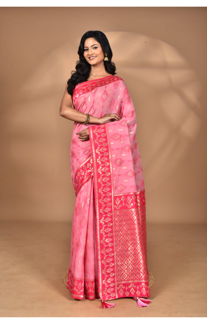Morchari Women Desgin Kashmiri Silk Linen Saree-Pink