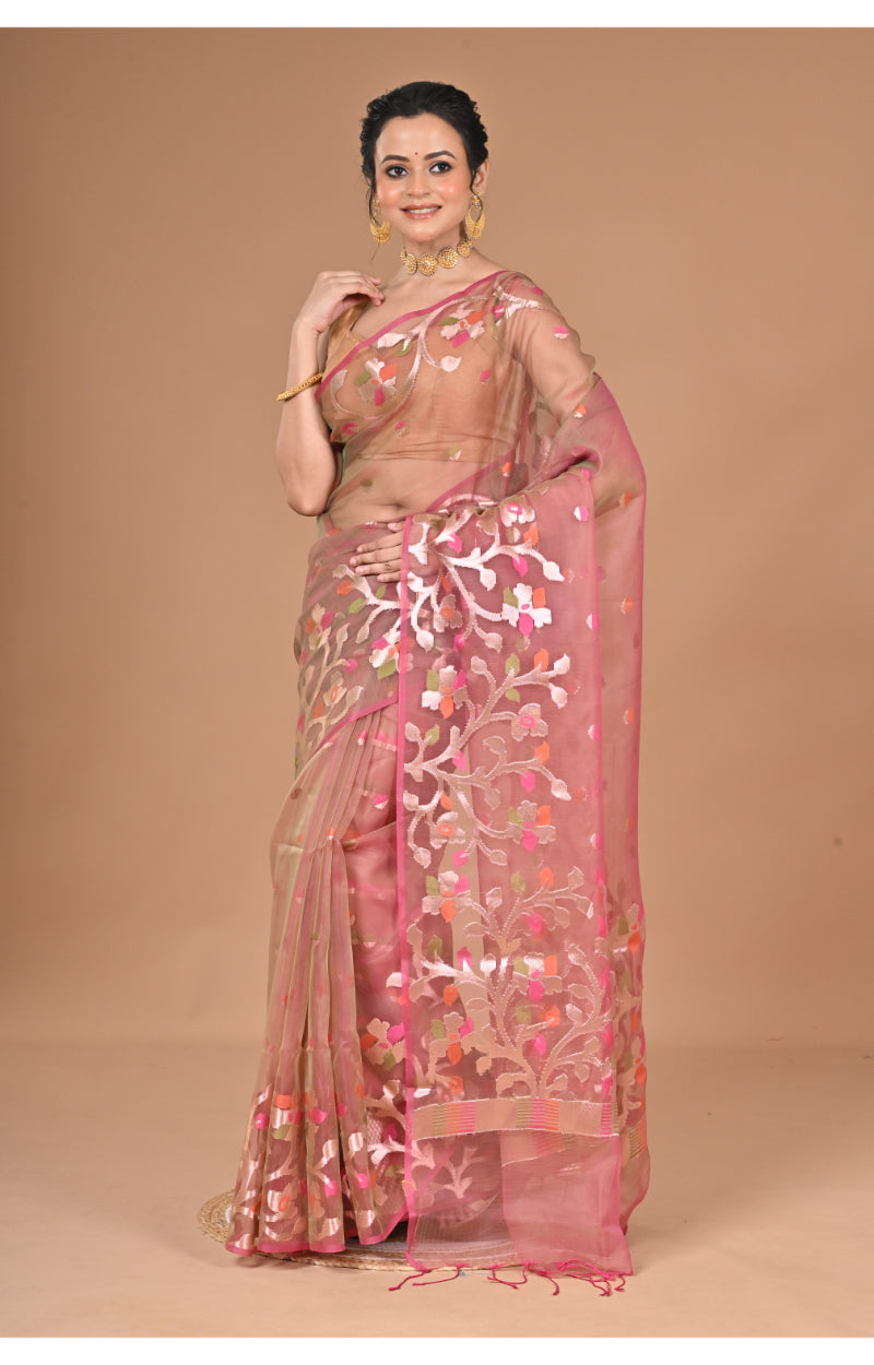 Morchari Semi Orzanga Jamdani Silk Saree-Mehendi