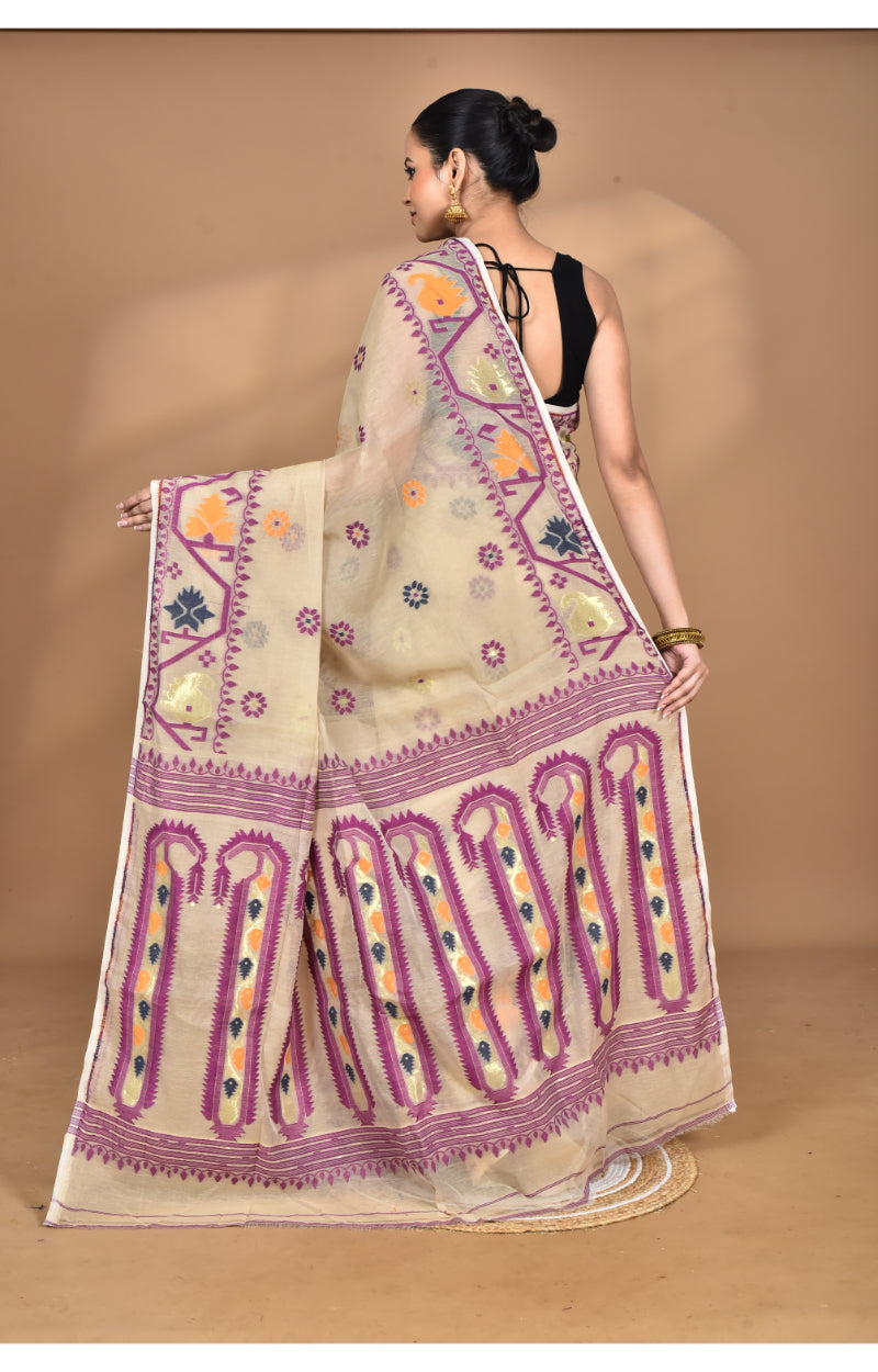 Morchari Pure Cotton Dhakai Jamdani Handloom Saree-Beige