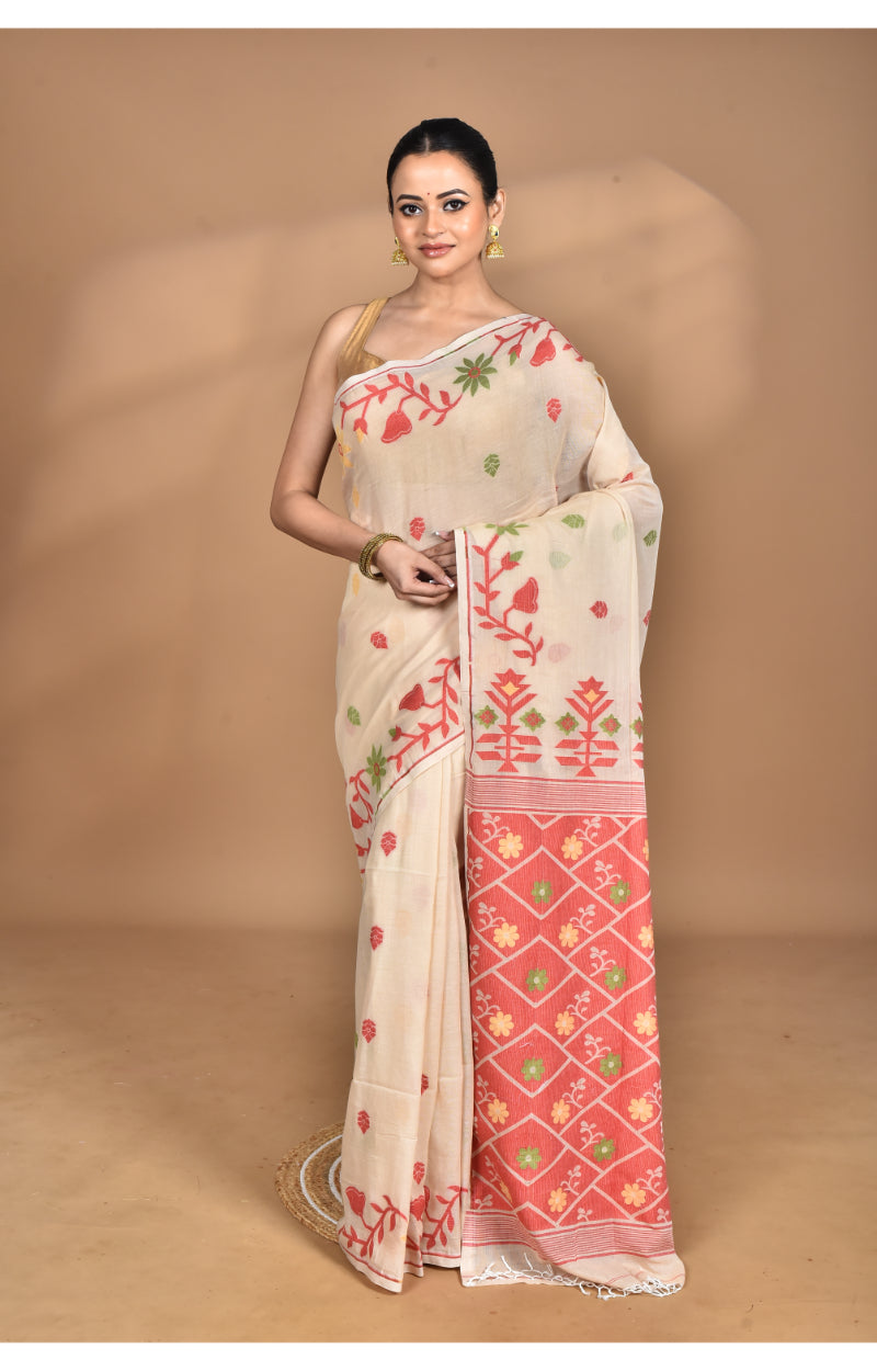 Morchari Pure Cotton Dhakai Jamdani Handloom Saree-Cream