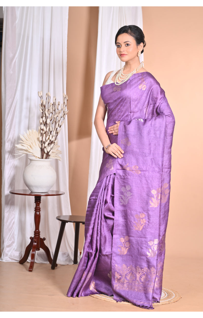 Morchari Pure Tussar Silk Handloom Saree-Purple