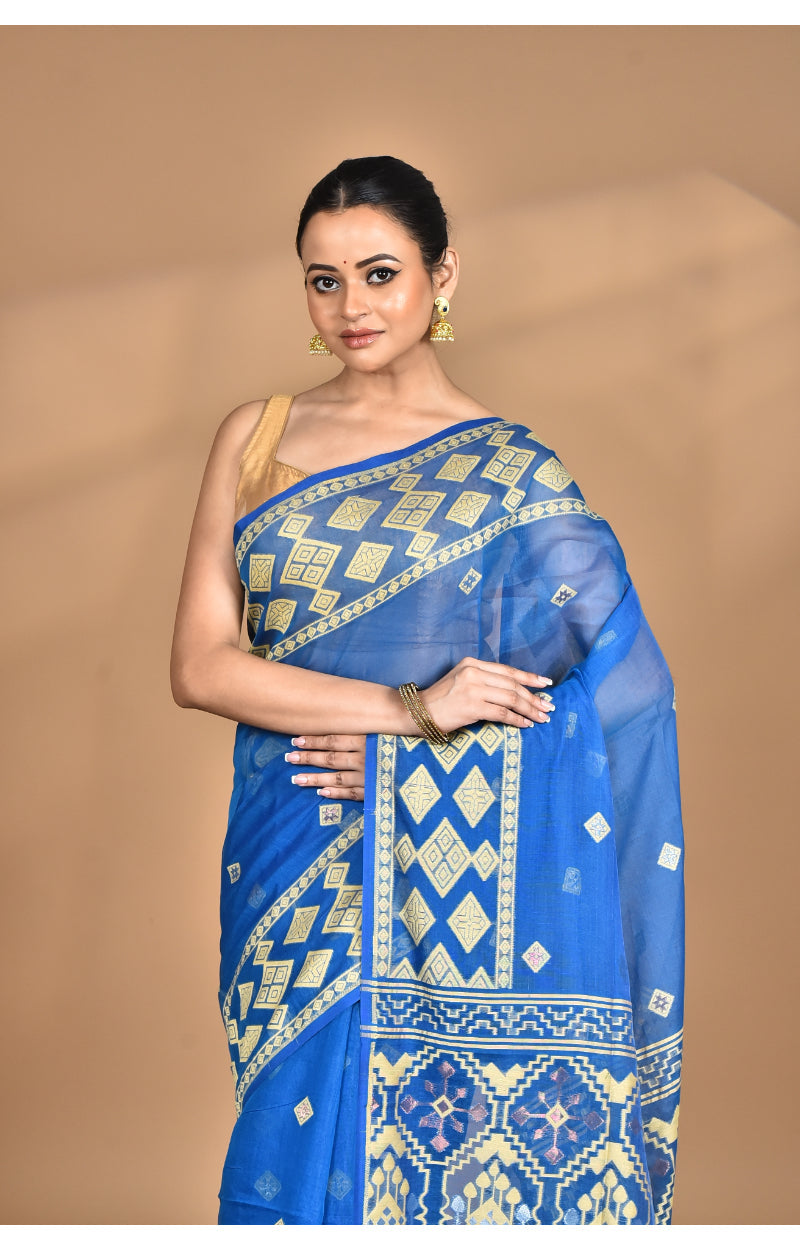 Morchari Pure Cotton Dhakai Jamdani Handloom Saree-Navy Blue