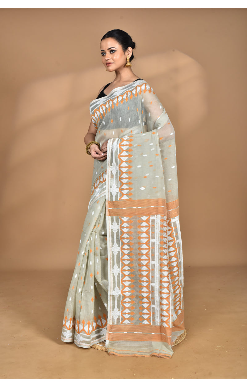 Morchari Pure Cotton Dhakai Jamdani Handloom Saree-Beige