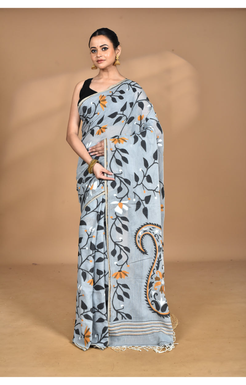 Morchari Pure Cotton Dhakai Jamdani Handloom Saree-Grey