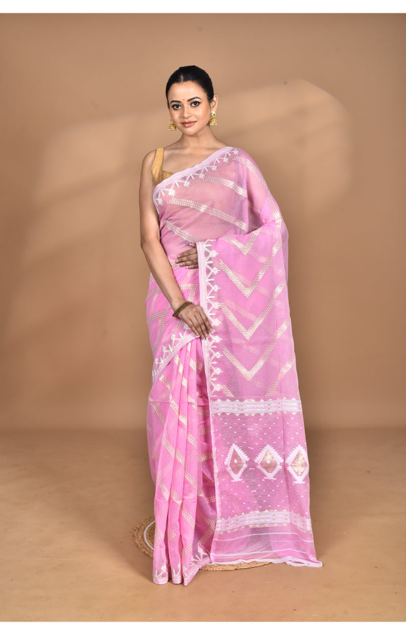 Morchari Pure Cotton Dhakai Jamdani Handloom Saree-Pink