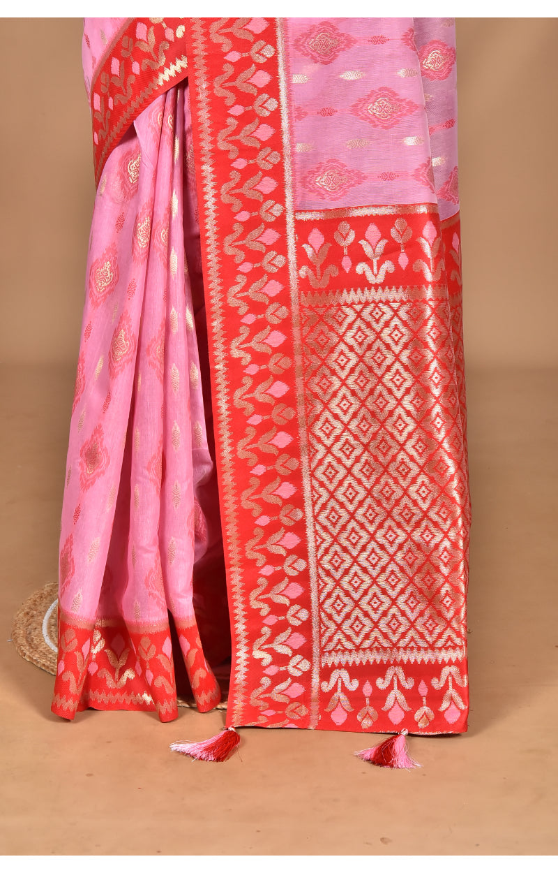 Morchari Women Desgin Kashmiri Silk Linen Saree-Pink