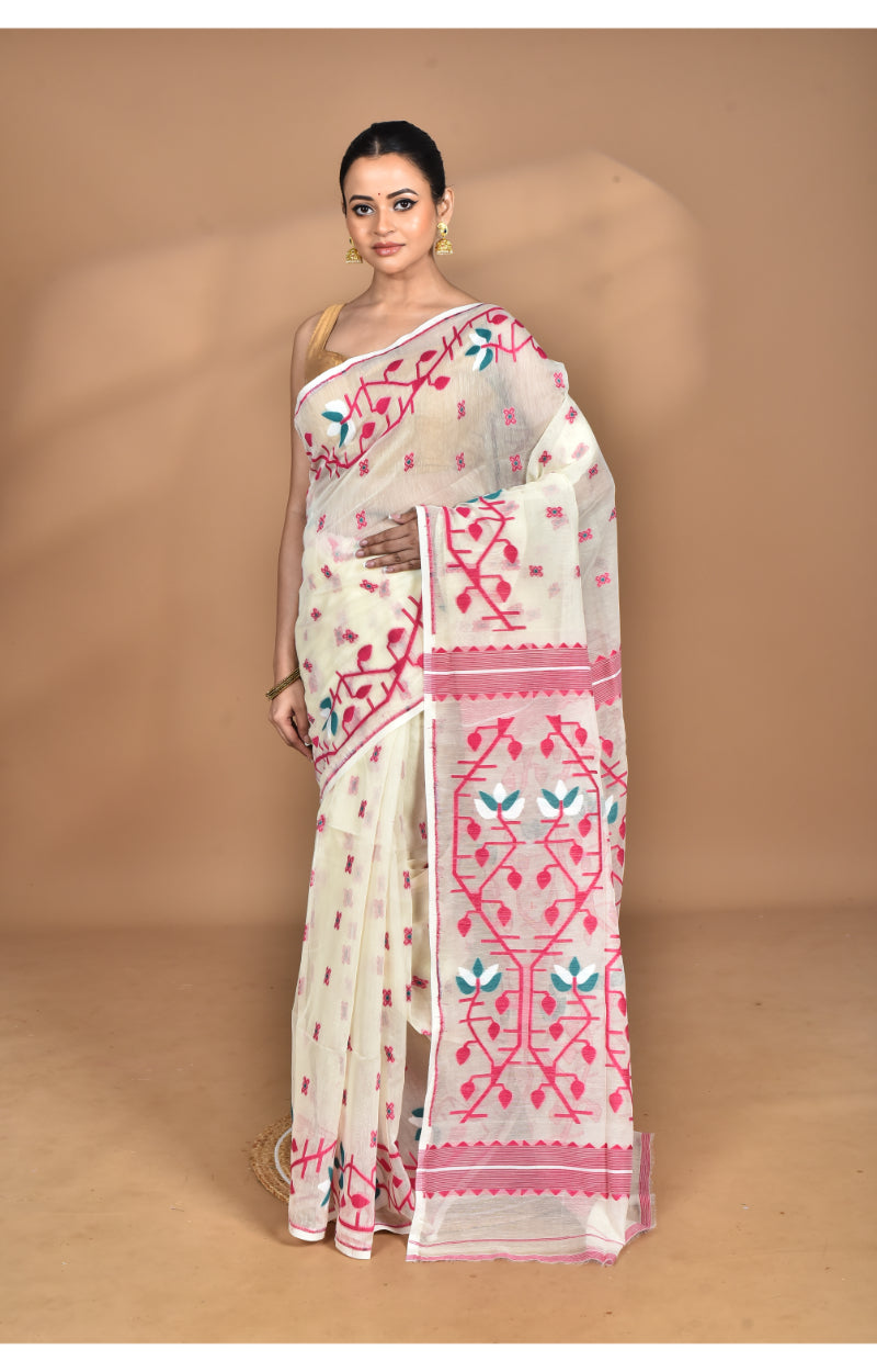Morchari Pure Cotton Dhakai Jamdani Handloom Saree-Cream