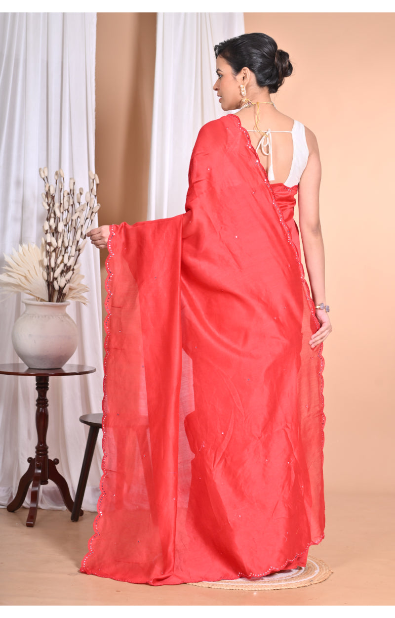 Morchari Pure Chandari Mirror Work Saree-Red