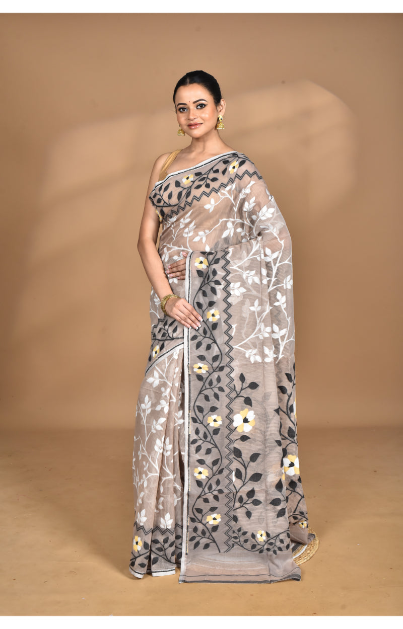 Morchari Pure Cotton Dhakai Jamdani Handloom Saree-Beige