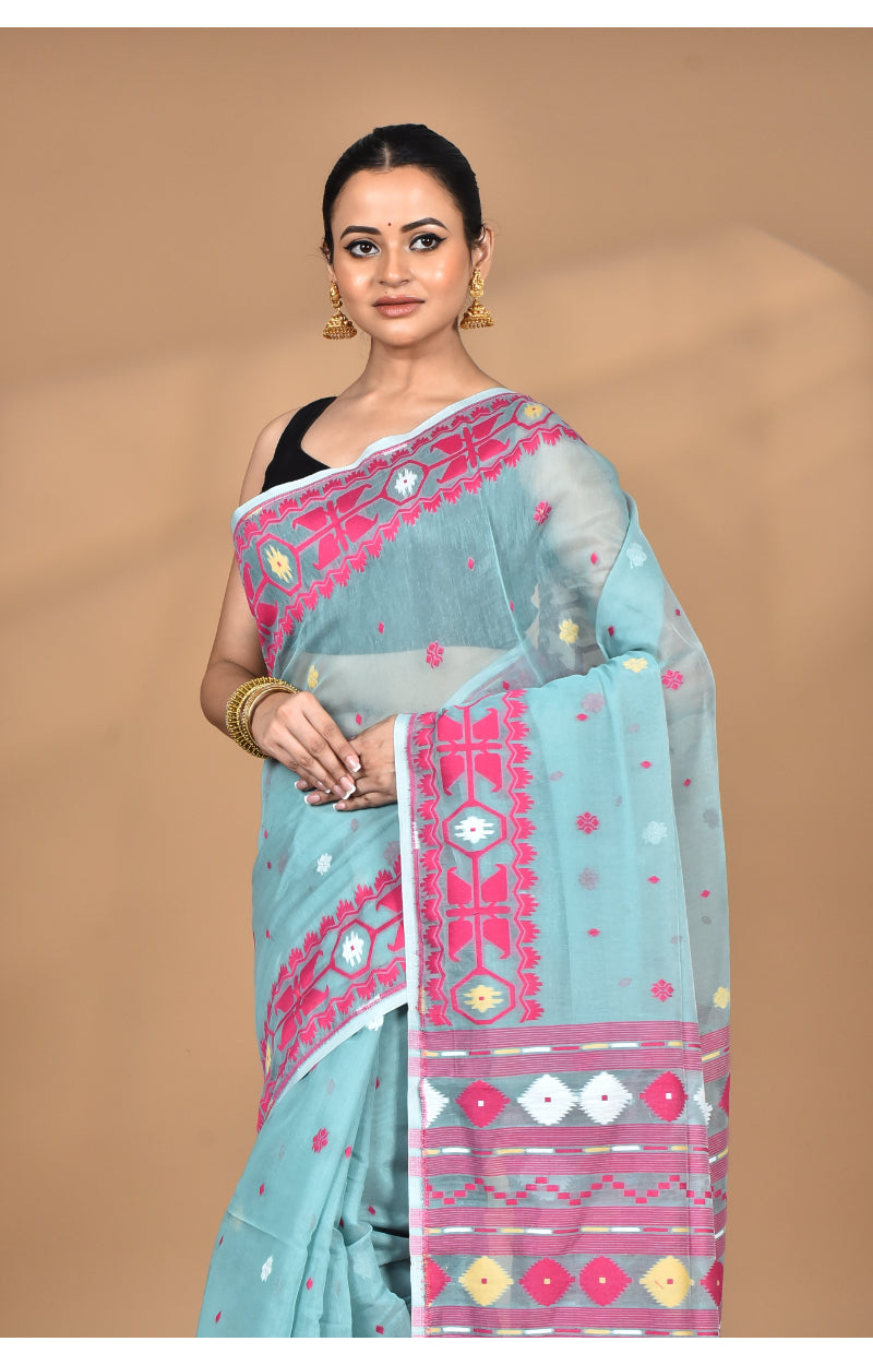 Morchari Pure Cotton Dhakai Jamdani Handloom Saree-Blue