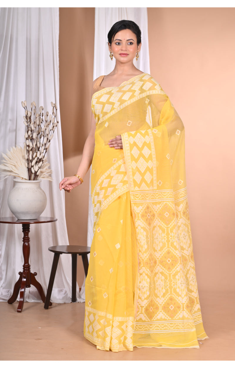Morchari Pure Cotton Dhakai Jamdani Handloom Saree-Yellow