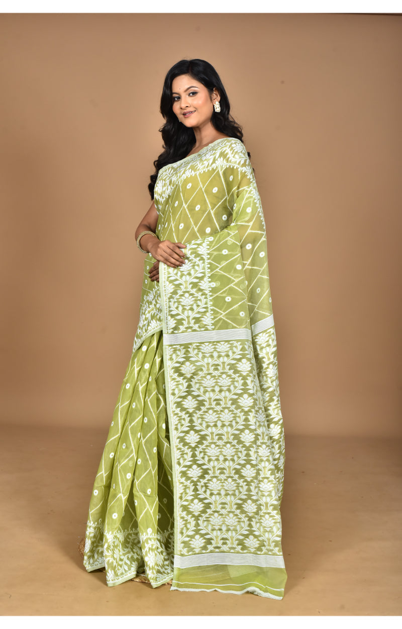Morchari Pure Cotton Dhakai Jamdani Handloom Saree-Green