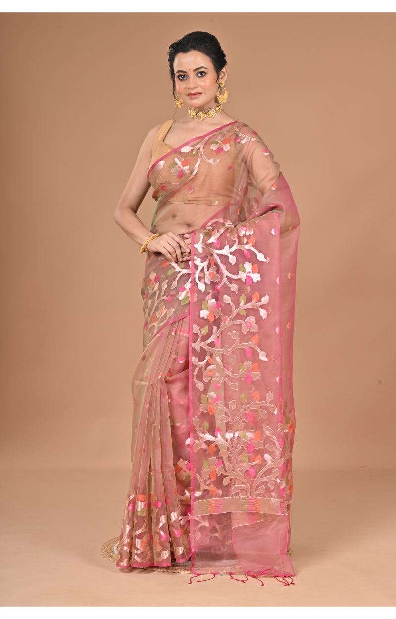 Morchari Semi Orzanga Jamdani Silk Saree-Mehendi