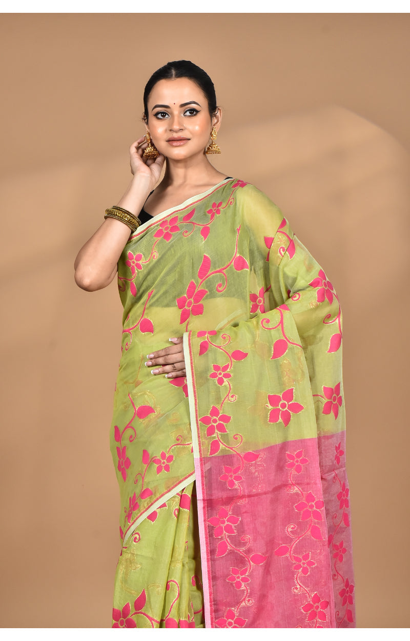 Morchari Pure Cotton Dhakai Jamdani Handloom Saree-Green