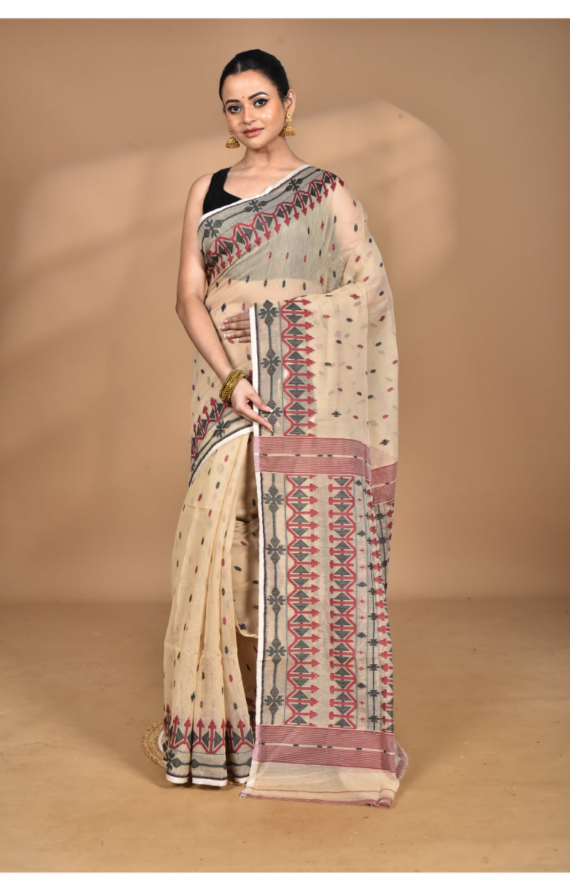 Morchari Pure Cotton Dhakai Jamdani Handloom Saree-Beige