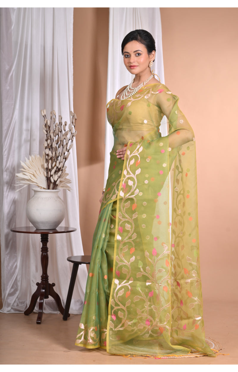 Morchari Heavy Jamdani Silk Orzanga Saree-Green