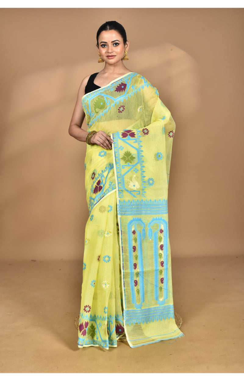 Morchari Pure Cotton Dhakai Jamdani Handloom Saree-Yellow