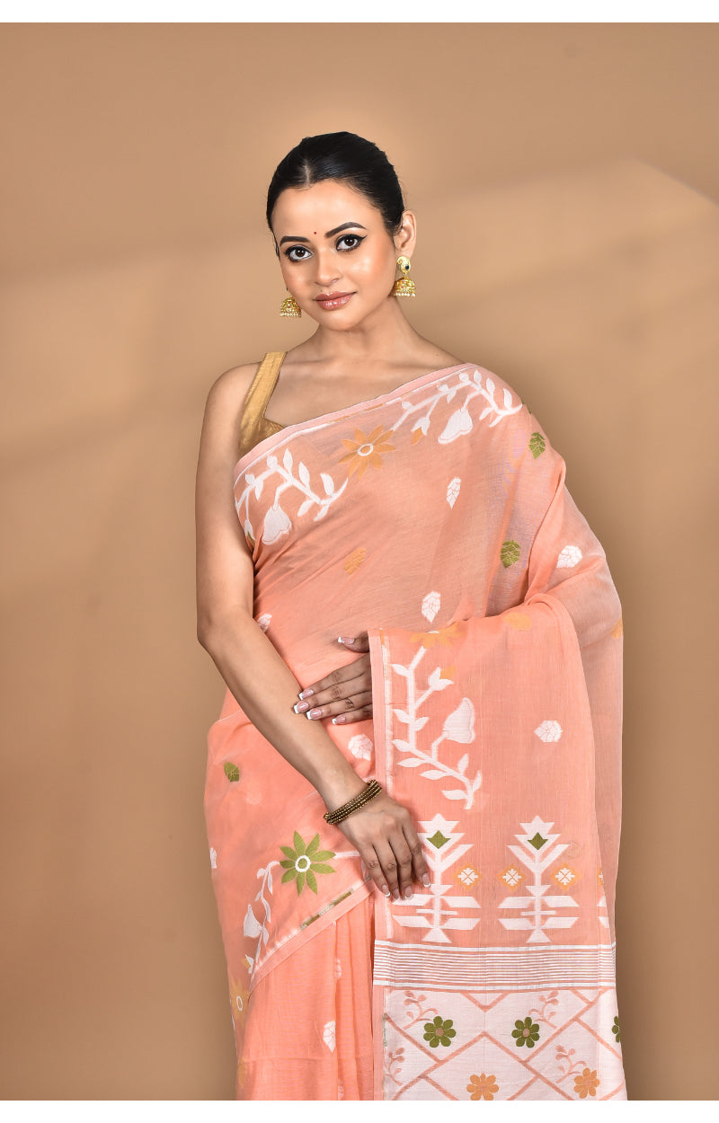 Morchari Pure Cotton Dhakai Jamdani Handloom Saree-Peach