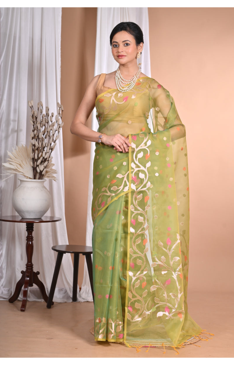 Morchari Heavy Jamdani Silk Orzanga Saree-Green