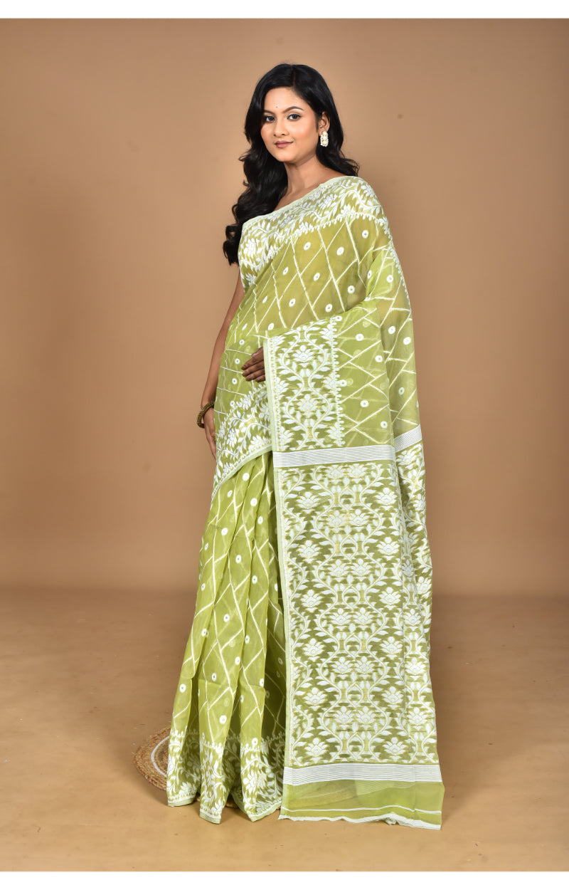 Morchari Pure Cotton Dhakai Jamdani Handloom Saree-Green