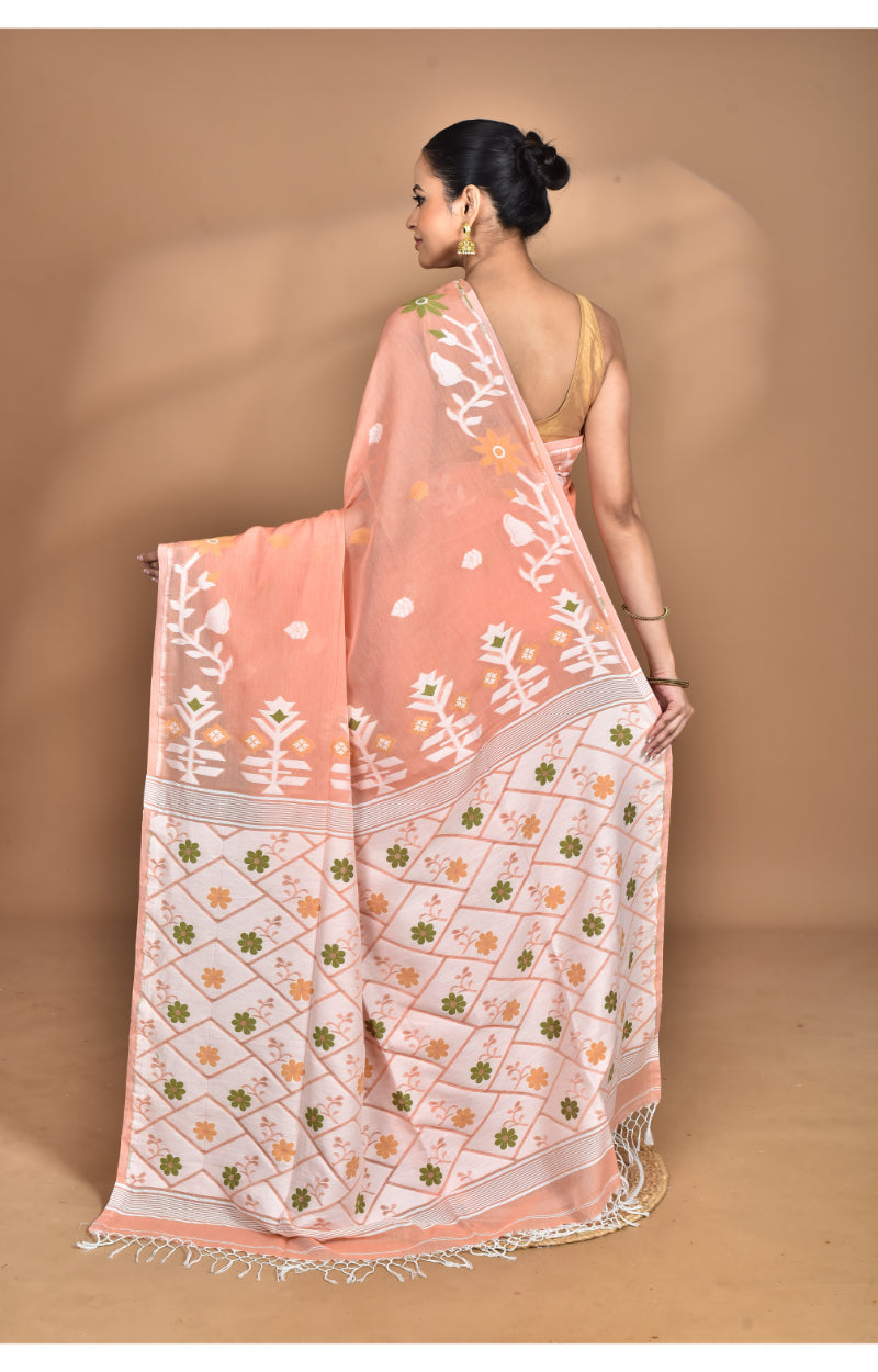 Morchari Pure Cotton Dhakai Jamdani Handloom Saree-Peach