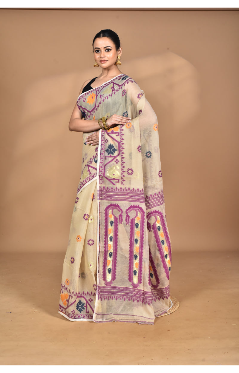Morchari Pure Cotton Dhakai Jamdani Handloom Saree-Beige