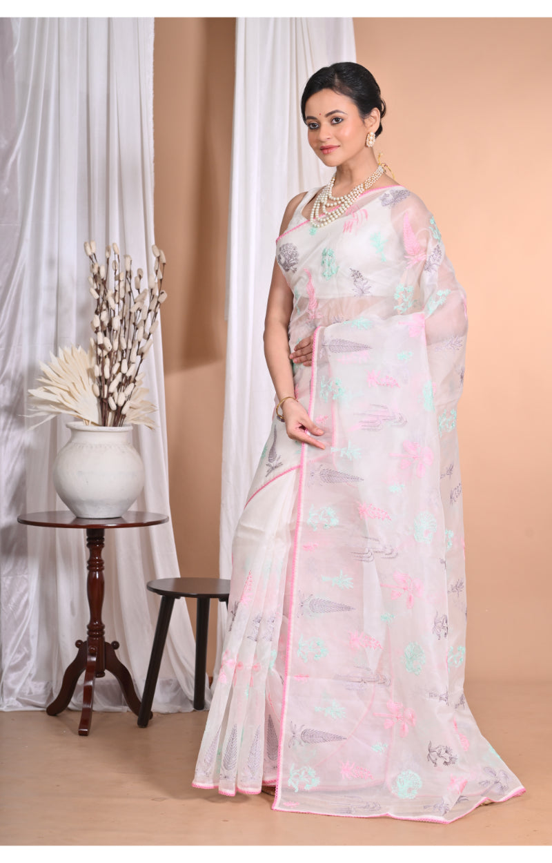 Morchari Pure Orzanga Tread Work Saree-Off White