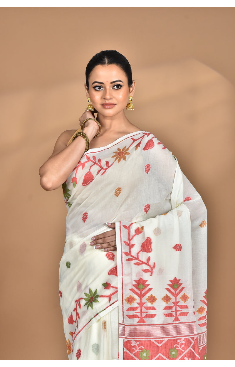 Morchari Pure Cotton Dhakai Jamdani Handloom Saree-Off White