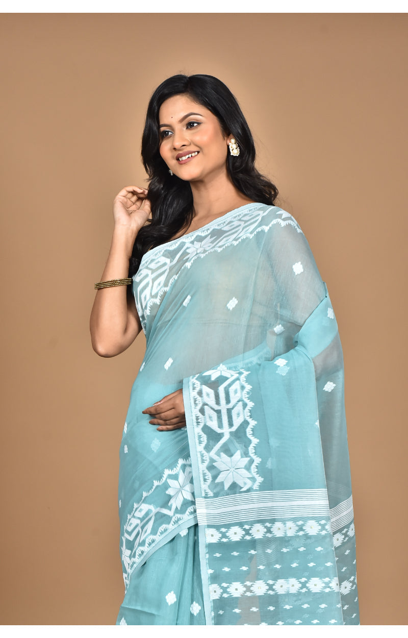 Morchari Pure Cotton Dhakai Jamdani Handloom Saree-Turquoise Blue