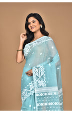 Morchari Pure Cotton Dhakai Jamdani Handloom Saree-Turquoise Blue