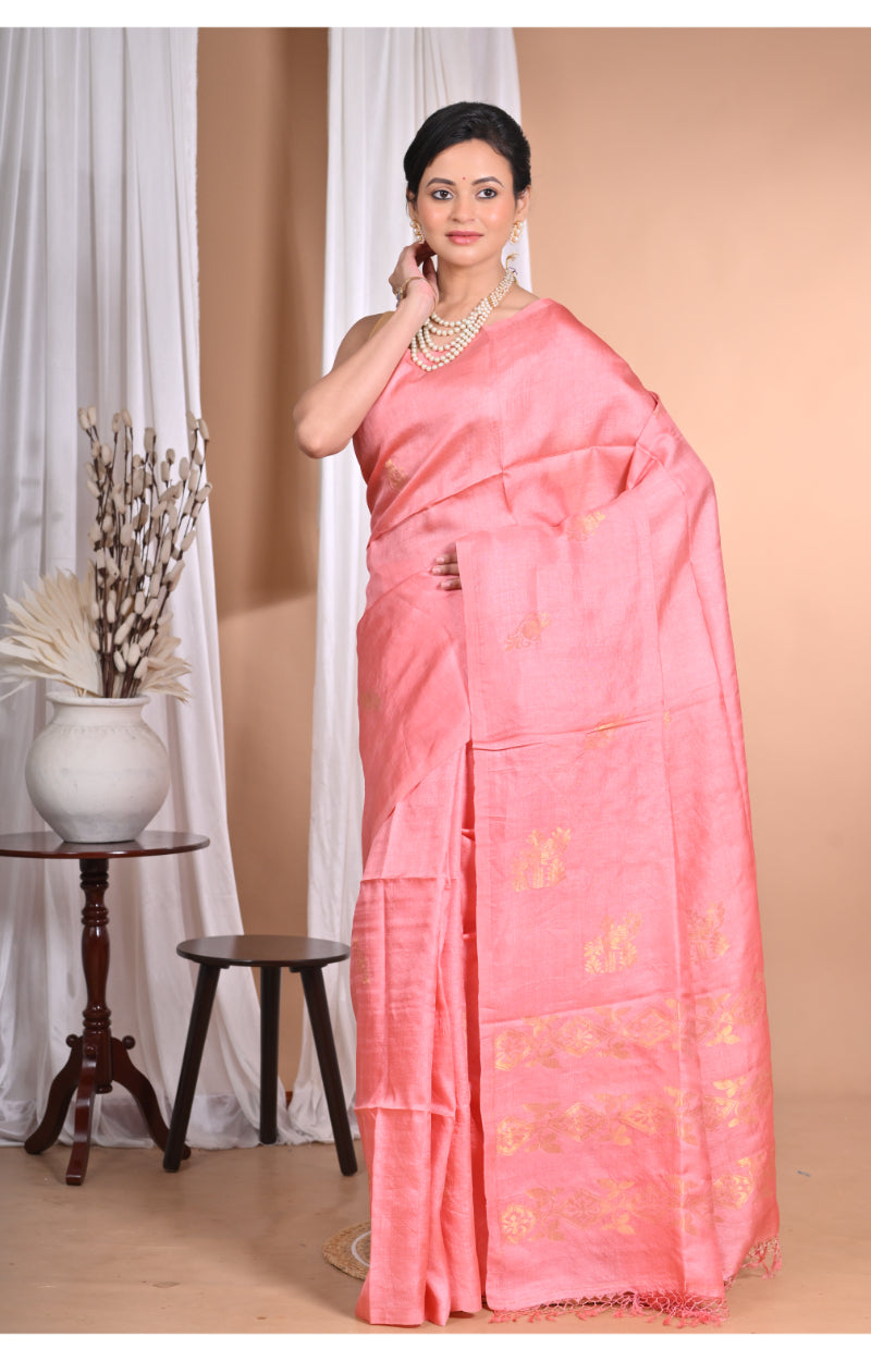 Morchari Pure Tussar Silk Handloom Saree-Pink