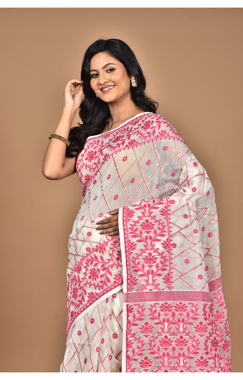 Morchari Pure Cotton Dhakai Jamdani Handloom Saree-Off White