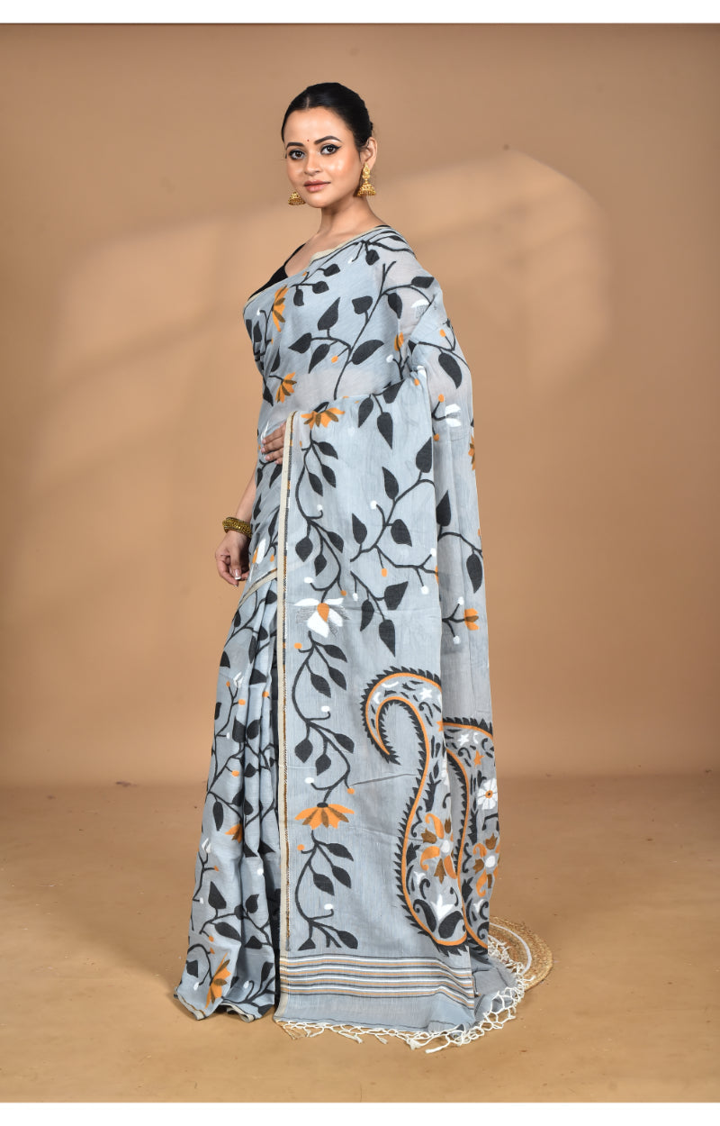 Morchari Pure Cotton Dhakai Jamdani Handloom Saree-Grey