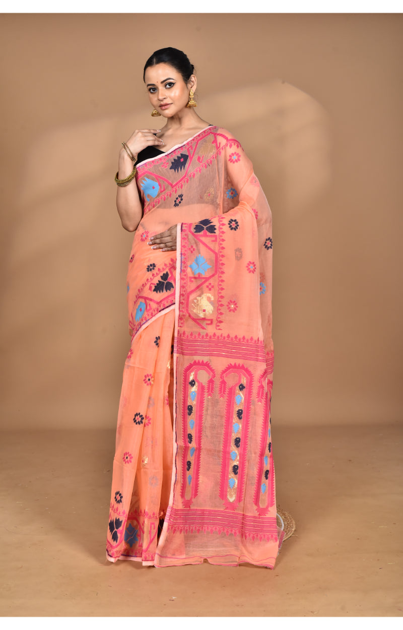 Morchari Pure Cotton Dhakai Jamdani Handloom Saree-Peach