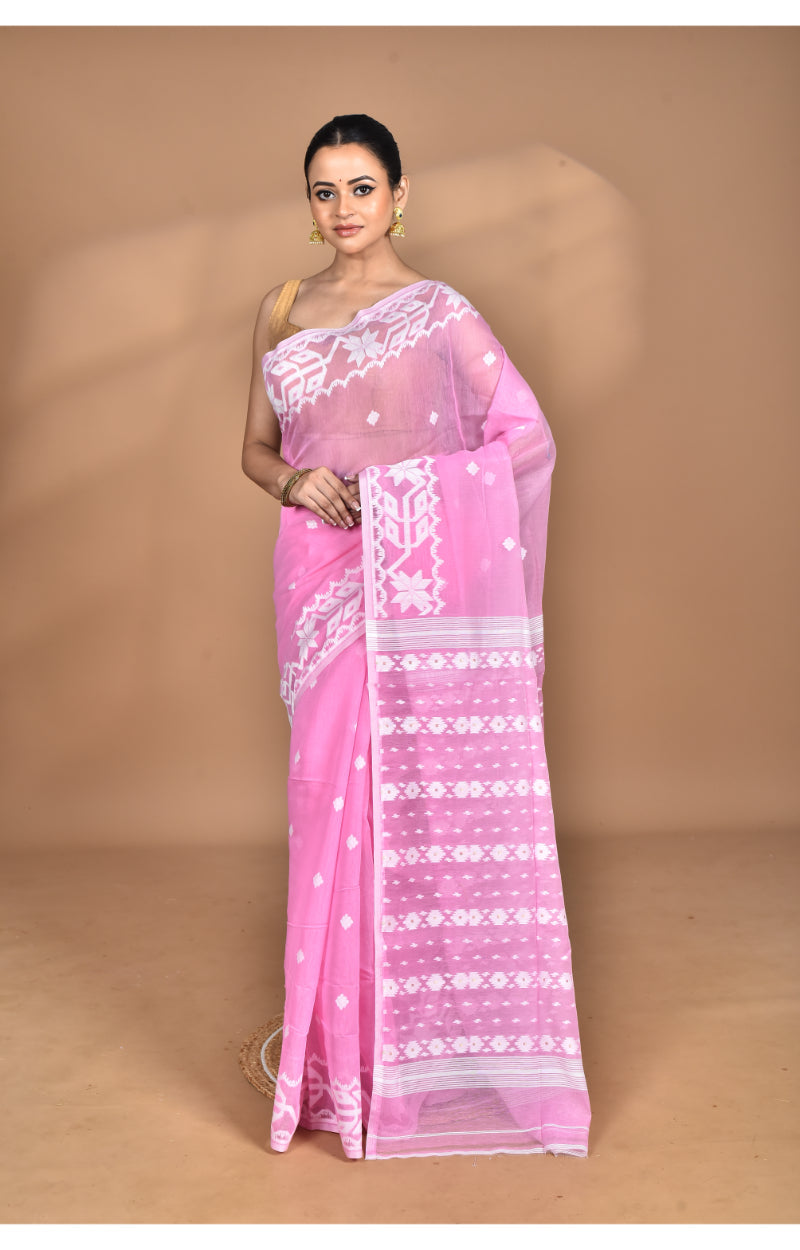 Morchari Pure Cotton Dhakai Jamdani Handloom Saree-Pink
