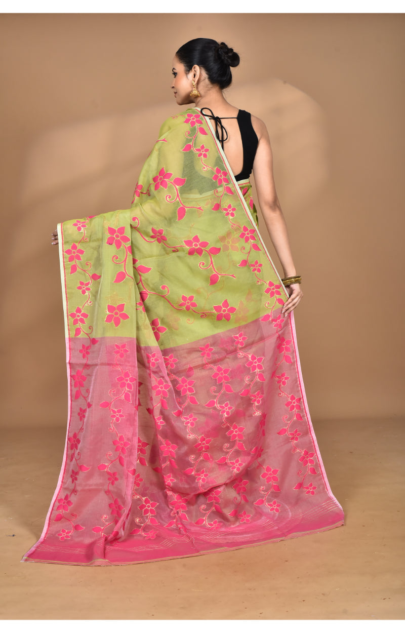 Morchari Pure Cotton Dhakai Jamdani Handloom Saree-Green