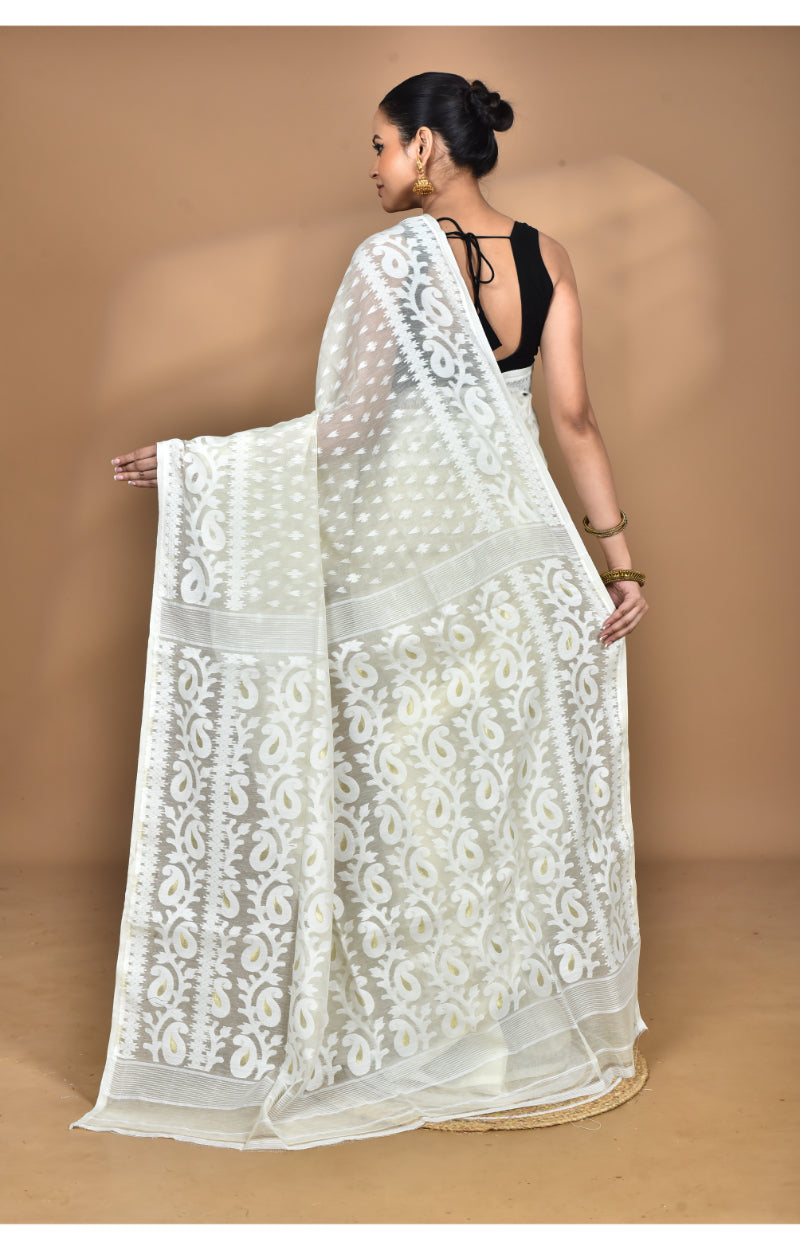 Morchari Pure Cotton Dhakai Jamdani Handloom Saree-Cream
